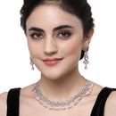 Rhodium-Plated Pink American Diamond Studded Teardrop & Crescent Shaped Necklace with Earrings Jewellery Set