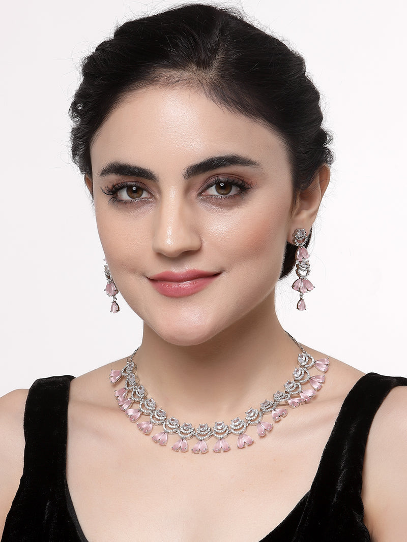 Rhodium-Plated Pink American Diamond Studded Teardrop & Crescent Shaped Necklace with Earrings Jewellery Set