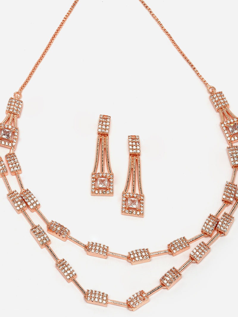 Rose Gold-Plated White American Diamond Studded Charismatic Necklace with Earrings Jewellery Set