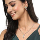 Rhodium-Plated Silver Toned Sea Green Cubic Zirconia studded Floral Shaped Cute Pendant with Earrings