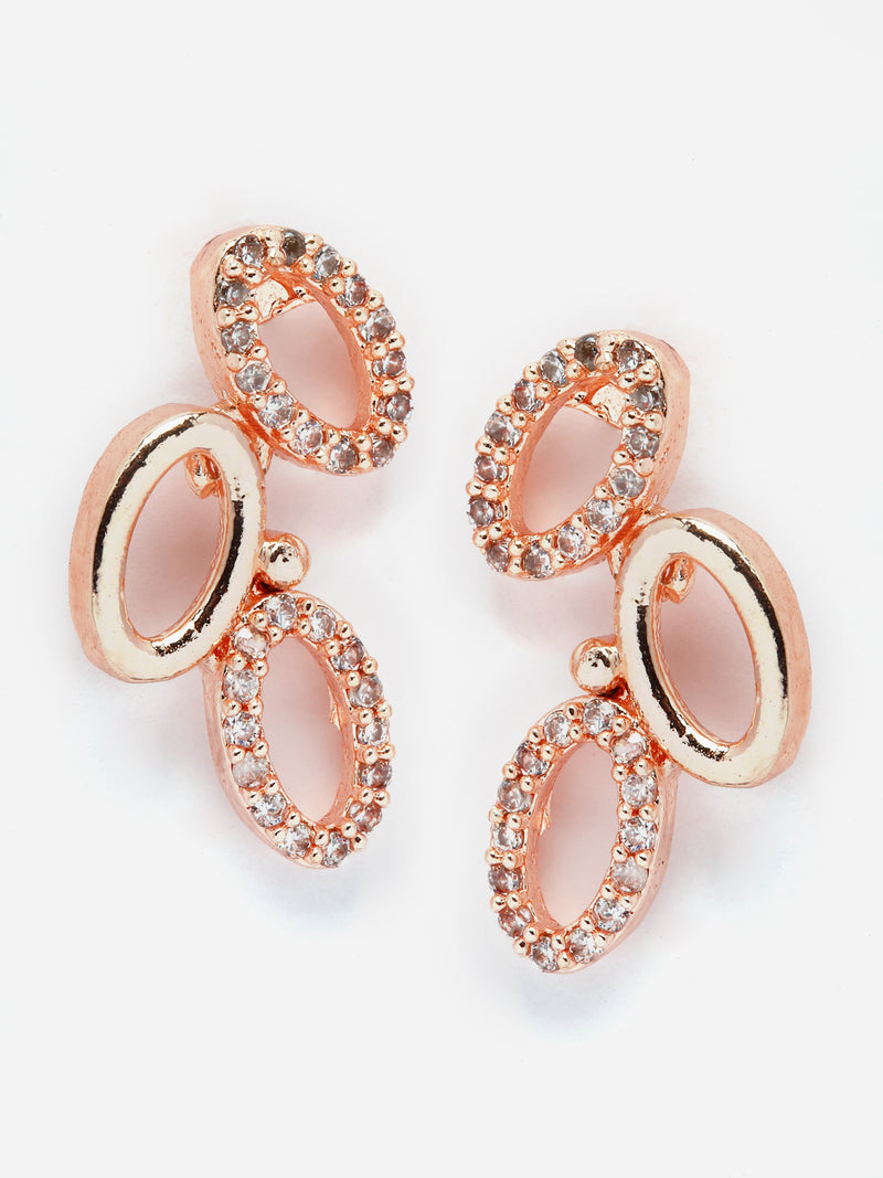 Rose Gold-Plated White American Diamond Studded Oval Shaped Necklace with Earrings Jewellery Set