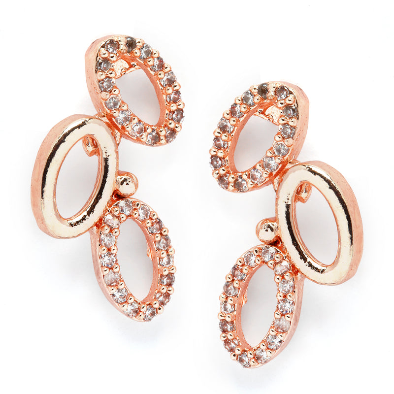 Rose Gold-Plated White American Diamond Studded Oval Shaped Necklace with Earrings Jewellery Set