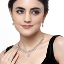 Rhodium-Plated Pink American Diamond Studded Floral & Teardrop Shaped Necklace & Earrings Jewellery Set