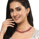 Rhodium-Plated Silver Toned Pear Red American Diamond Studded Necklace Earrings Jewellery Set