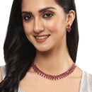Rhodium-Plated Silver Toned Pear Red American Diamond Studded Necklace Earrings Jewellery Set