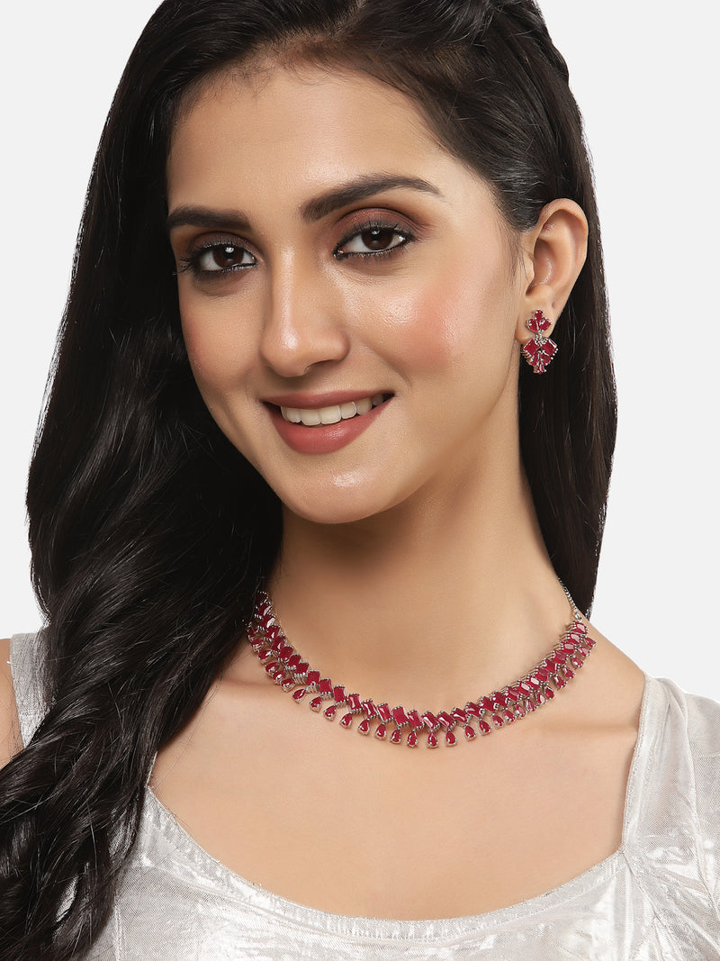 Rhodium-Plated Silver Toned Pear Red American Diamond Studded Necklace Earrings Jewellery Set