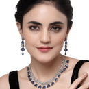 Rhodium-Plated Navy Blue American Diamond Studded Teardrop & Crescent Shaped Necklace with Earrings Jewellery Set