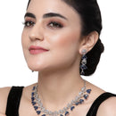 Rhodium-Plated Navy Blue American Diamond Studded Teardrop & Crescent Shaped Necklace with Earrings Jewellery Set