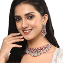 Rhodium-Plated Silver Toned Red American Diamond Choker Necklace with Earrings Jewellery Set