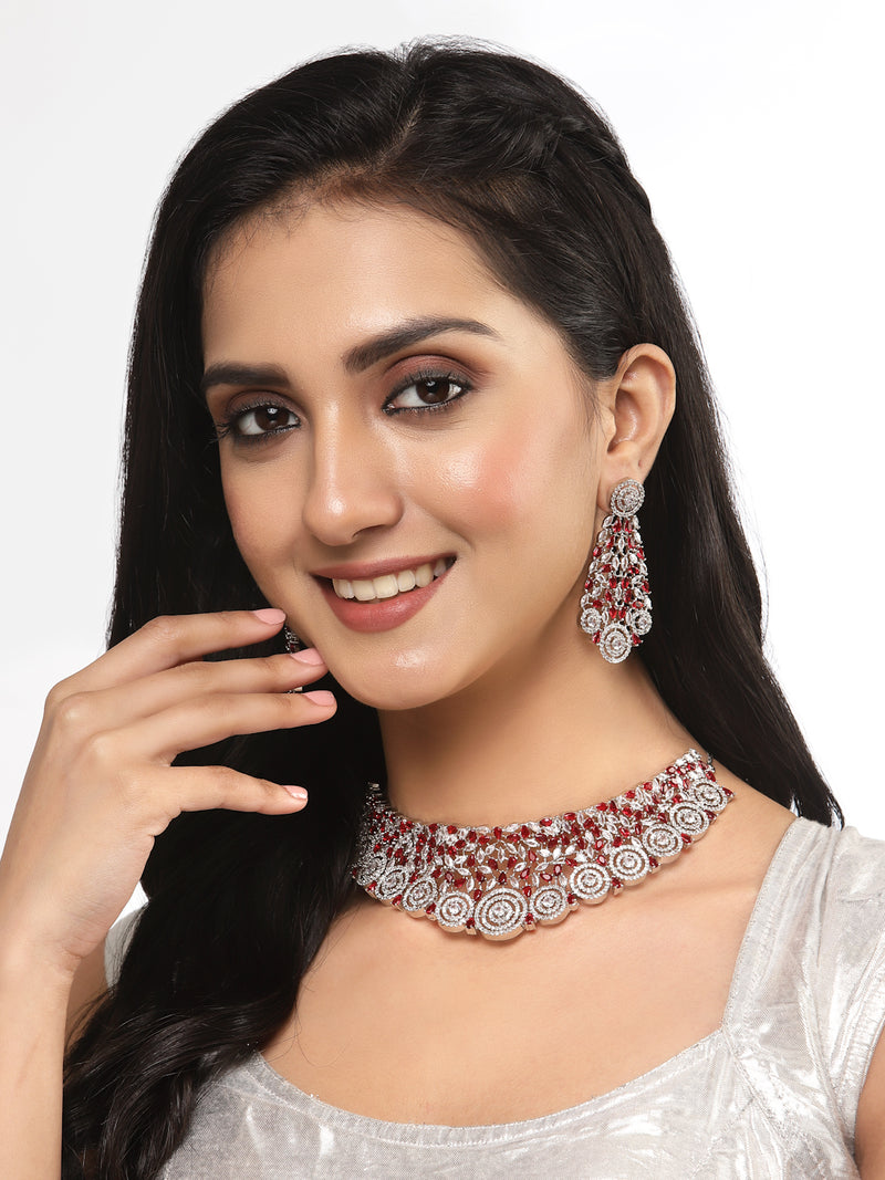 Rhodium-Plated Silver Toned Red American Diamond Choker Necklace with Earrings Jewellery Set