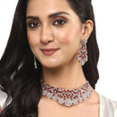 Rhodium-Plated Silver Toned Red American Diamond Choker Necklace with Earrings Jewellery Set