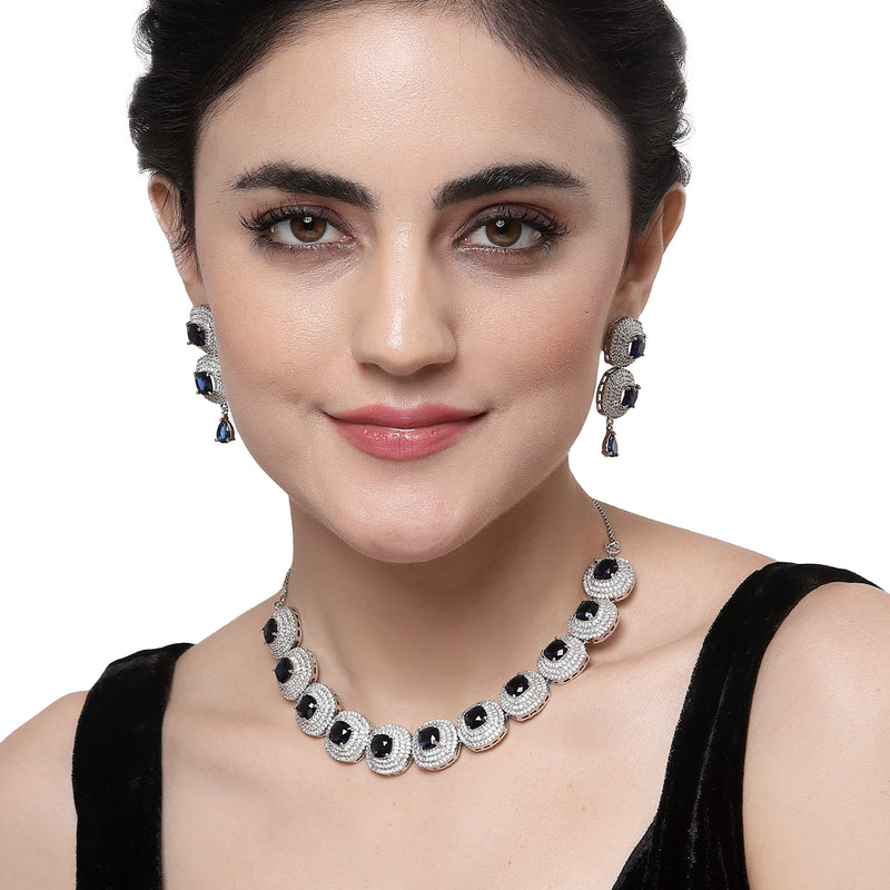 Rhodium-Plated Navy Blue Cubic Zirconia Studded Necklace with Earrings Jewellery Set