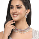 Oxidised Silver-Plated Red American Diamond & White Pearl Studded Necklace Earrings Jewellery Set
