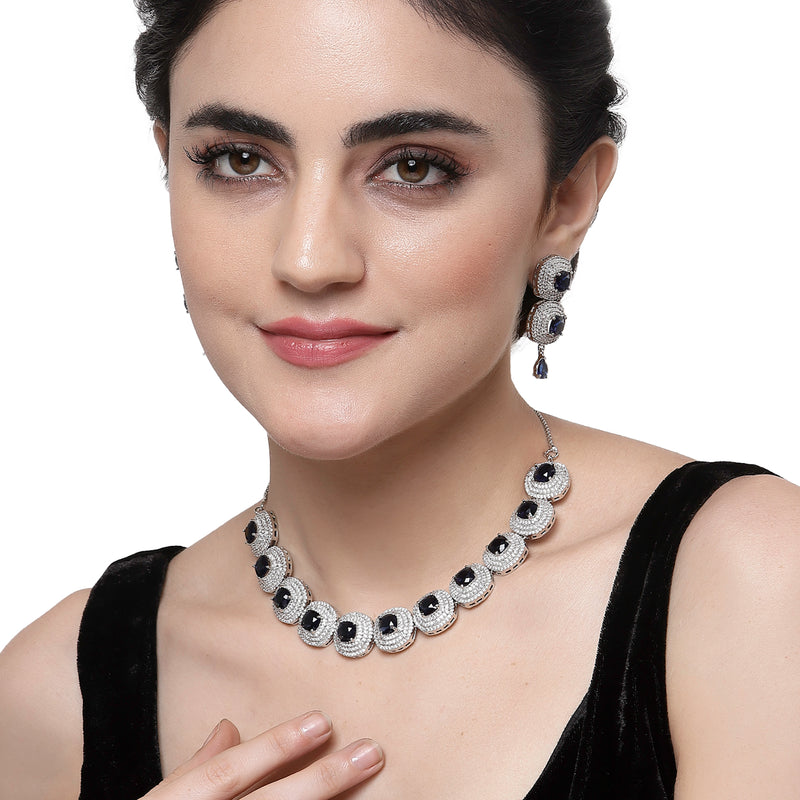 Rhodium-Plated Navy Blue Cubic Zirconia Studded Necklace with Earrings Jewellery Set