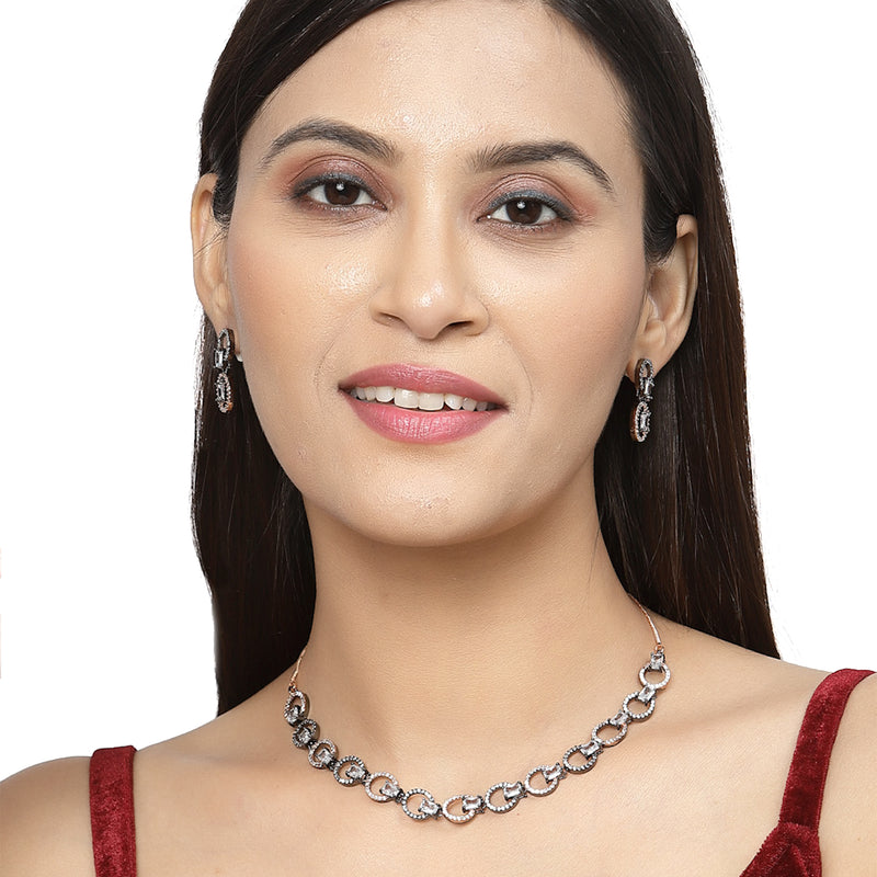 Rose Gold-Plated Gunmetal Toned White American Diamond Studded Disc-Shaped Necklace & Earrings Jewellery Set