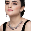 Rhodium-Plated Purple American Diamond Studded Teardrop & Crescent Shaped Necklace with Earrings Jewellery Set