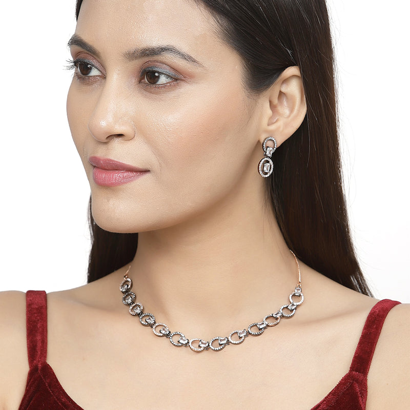Rose Gold-Plated Gunmetal Toned White American Diamond Studded Disc-Shaped Necklace & Earrings Jewellery Set