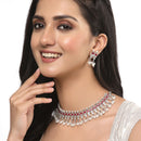 Oxidised Silver-Plated Red American Diamond & White Pearl Studded Necklace Earrings Jewellery Set