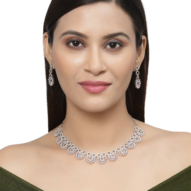 Rhodium-Plated Pink American Diamond Studded Classic Necklace with Earrings Jewellery Set