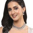 Oxidised Silver-Plated Navy Blue American Diamond & White Pearl Studded Necklace Earrings Jewellery Set