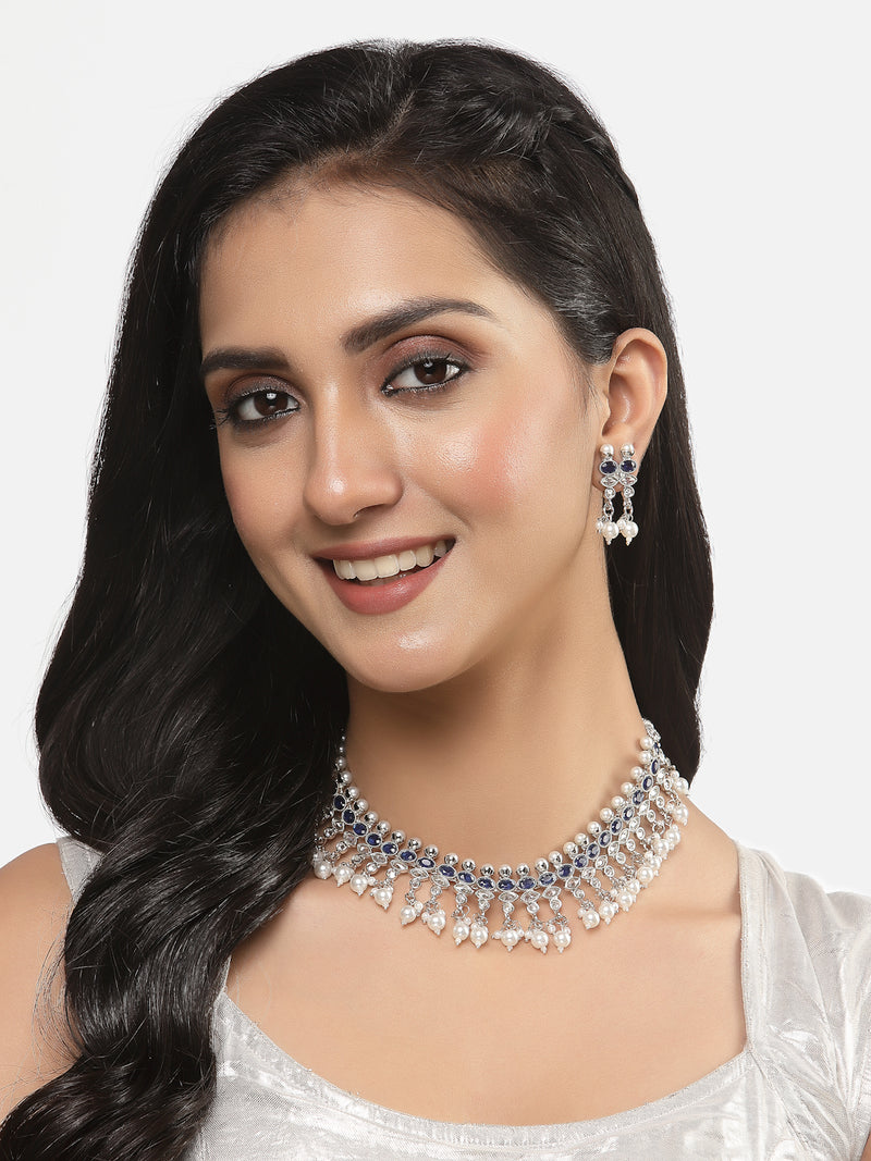 Oxidised Silver-Plated Navy Blue American Diamond & White Pearl Studded Necklace Earrings Jewellery Set