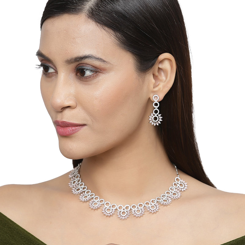 Rhodium-Plated Pink American Diamond Studded Classic Necklace with Earrings Jewellery Set