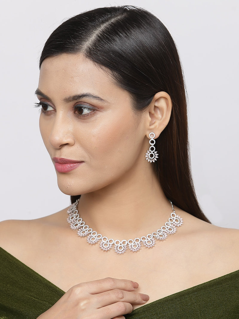 Rhodium-Plated Pink American Diamond Studded Classic Necklace with Earrings Jewellery Set