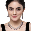 Rhodium-Plated Purple American Diamond Studded Teardrop & Crescent Shaped Necklace with Earrings Jewellery Set