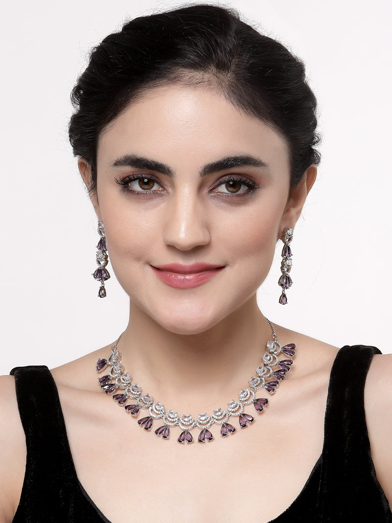Rhodium-Plated Purple American Diamond Studded Teardrop & Crescent Shaped Necklace with Earrings Jewellery Set