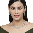 Rhodium-Plated White American Diamond Studded Classic Necklace with Earrings Jewellery Set