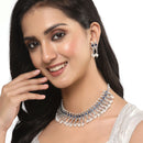 Oxidised Silver-Plated Navy Blue American Diamond & White Pearl Studded Necklace Earrings Jewellery Set