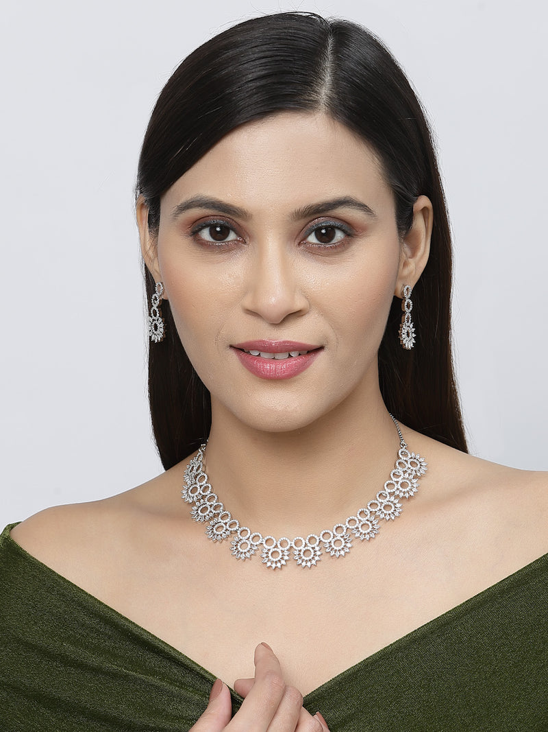 Rhodium-Plated White American Diamond Studded Classic Necklace with Earrings Jewellery Set