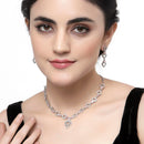 Rhodium-Plated Pink American Diamond Studded Heart Design Necklace & Earrings Jewellery Set