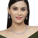 Rhodium-Plated Pink Oval American Diamond Studded Circular Shaped Necklace & Earrings Jewellery Set