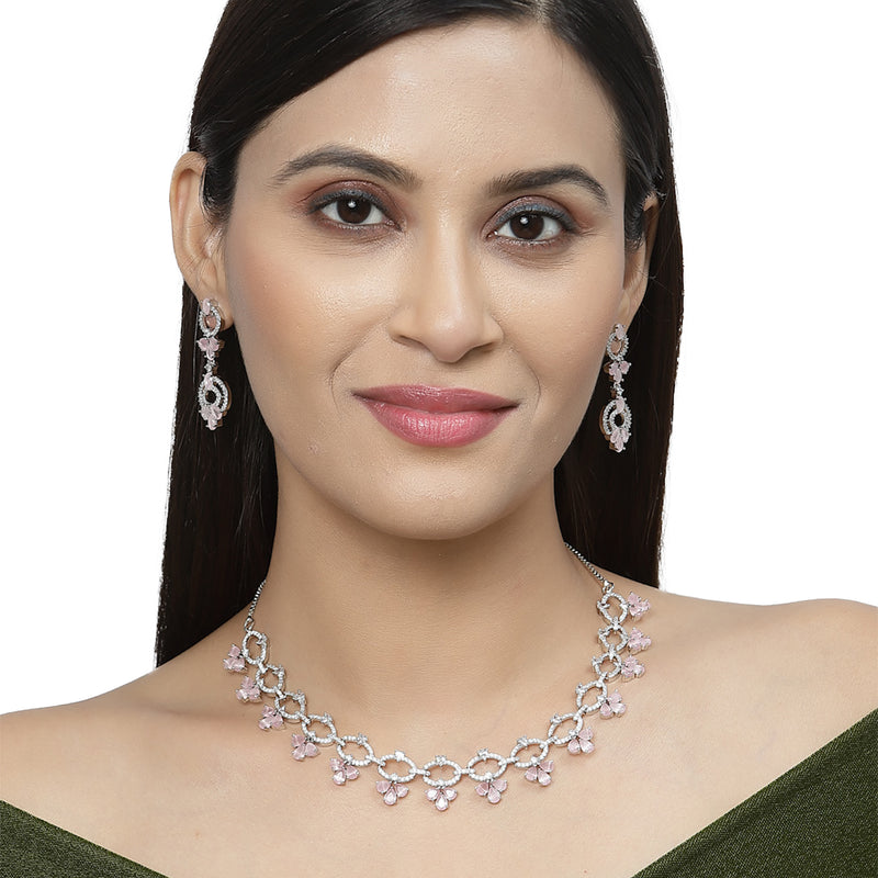 Rhodium-Plated Pink Oval American Diamond Studded Circular Shaped Necklace & Earrings Jewellery Set