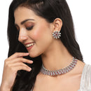 Oxidised Silver-Plated Red American Diamond & White Pearl Studded Necklace Earrings Jewellery Set