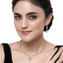 Rhodium-Plated Pink American Diamond Studded Heart Design Necklace & Earrings Jewellery Set