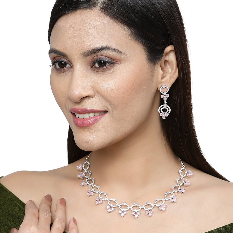 Rhodium-Plated Pink Oval American Diamond Studded Circular Shaped Necklace & Earrings Jewellery Set