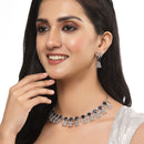 Rhodium-Plated Silver Toned Teardrop Navy Blue American Diamond Studded Necklace Earrings Jewellery Set