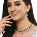 Rhodium-Plated Silver Toned Teardrop Navy Blue American Diamond Studded Necklace Earrings Jewellery Set