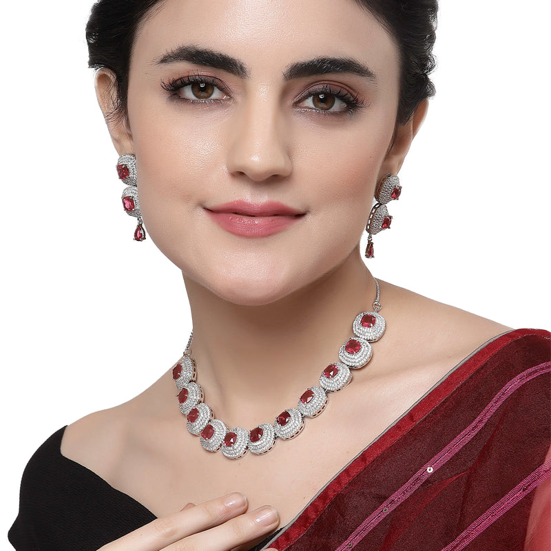 Rhodium-Plated Red Cubic Zirconia Studded Necklace with Earrings Jewellery Set