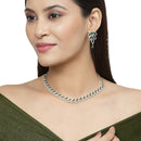 Rhodium-Plated Green American Diamond Studded Leaf Shaped Necklace with Earrings Jewellery Set
