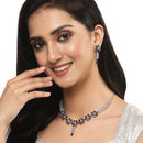 Rhodium-Plated Silver Toned Flower Navy Blue American Diamond Studded Necklace with Earrings Jewellery Set