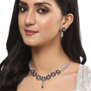 Rhodium-Plated Silver Toned Flower Navy Blue American Diamond Studded Necklace with Earrings Jewellery Set