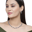 Rhodium-Plated American Diamond Studded Leaf & Circular Shaped Necklace With Earrings Set