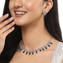 Rhodium-Plated Silver Toned Teardrop Navy Blue American Diamond Studded Necklace Earrings Jewellery Set