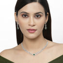 Rhodium-Plated Green American Diamonds Studded Spheroid Necklace & Earrings Jewellery Set