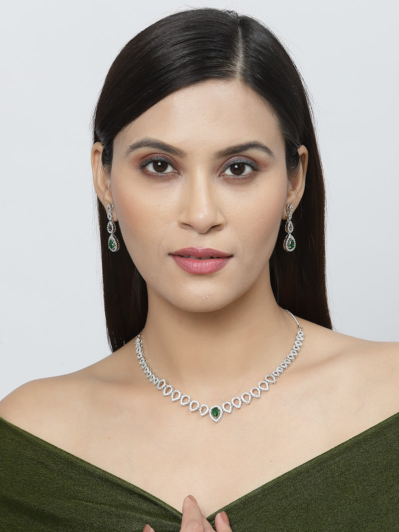 Rhodium-Plated Green American Diamonds Studded Spheroid Necklace & Earrings Jewellery Set