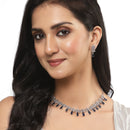 Rhodium-Plated Silver Toned Teardrop Navy Blue American Diamond Studded Necklace Earrings Jewellery Set