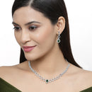 Rhodium-Plated Green American Diamonds Studded Spheroid Necklace & Earrings Jewellery Set
